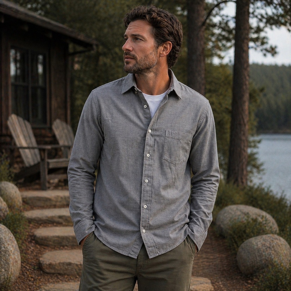 Ermenegildo Zegna Button Down Mens L Grey Cotton Twill Long Sleeve Shirt‎